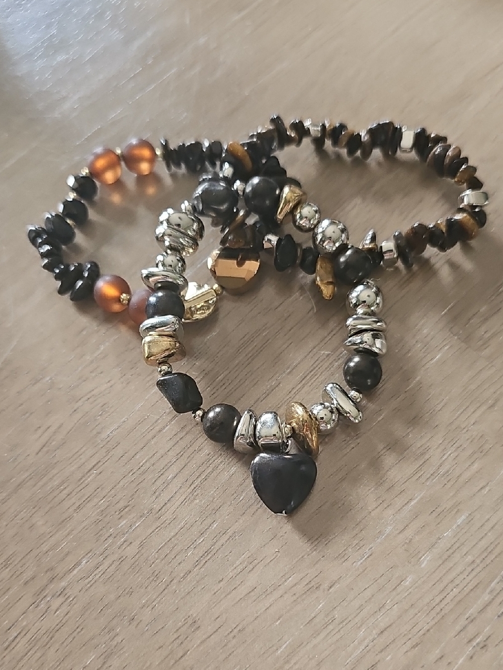 Handcrafted Black and Gold Beaded Heart Bracelet Set
